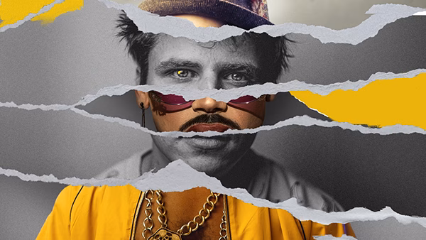 Collage de papier déchiré sur un artiste en jaune, clip viral Hit West réalisé par Sonacom