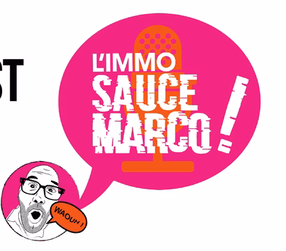Bulle rose « L'immo sauce Marco » et personnage dessiné, émission produite par Sonacom