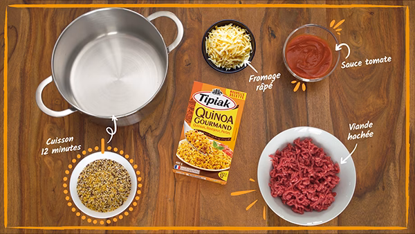 Ingrédients d'une recette au quinoa Tipiak disposés sur une planche, film web réalisé par Sonacom