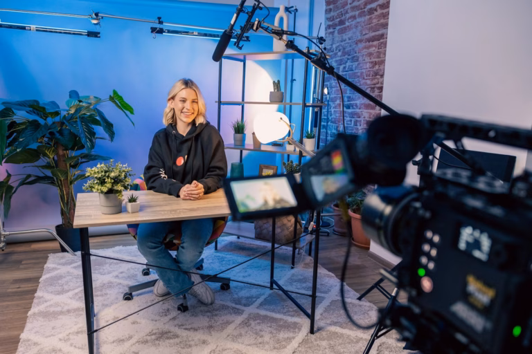 Femme qui enregistre un podcast video sur son ordinateur