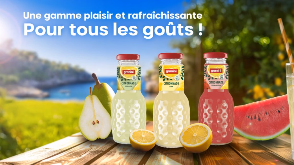 Bouteilles de citronnade Granini entre fruits frais et bord de mer, vidéo reveal réalisée par Sonacom
