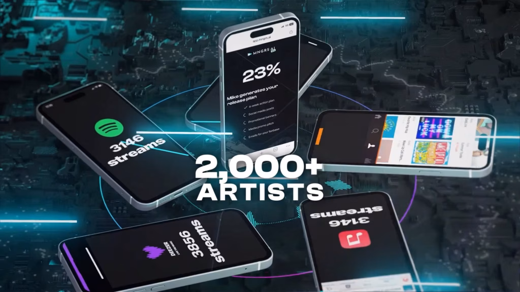 Smartphones flottants affichant des statistiques d'écoute, film MNGRS.AI réalisé par Sonacom