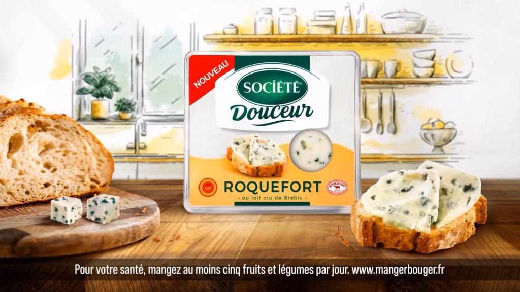 Paquet de Roquefort Société Douceur sur une planche à pain, spot TV réalisé par Sonacom